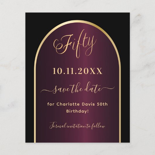 Zwarte bordeaux 50e verjaardag budget save the dat flyer (Voorkant)