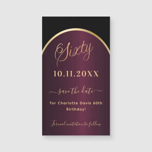 Zwarte bordeaux 60e verjaardag Save the Date magne (Voorkant)