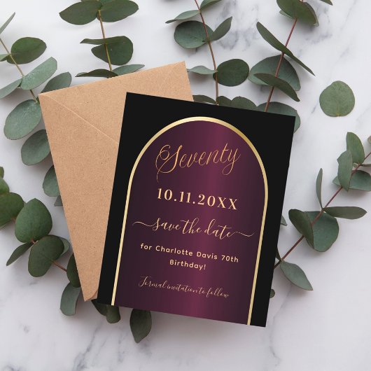 Zwarte bordeaux 70e verjaardag save the date kaart