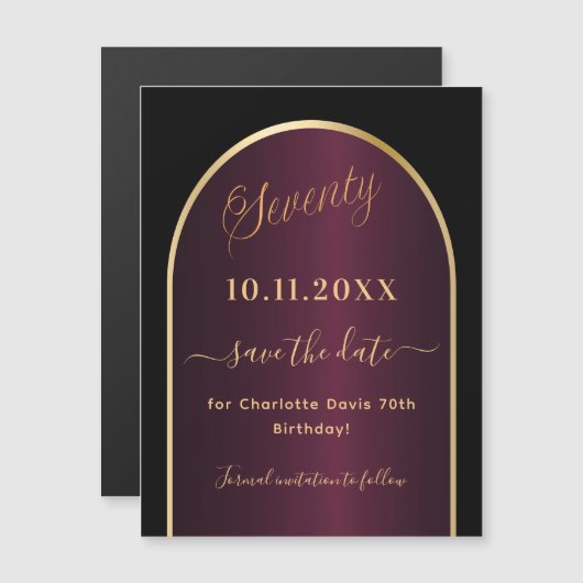 Zwarte bordeaux 70e verjaardag Save the Date magne (Voorkant / Achterkant)