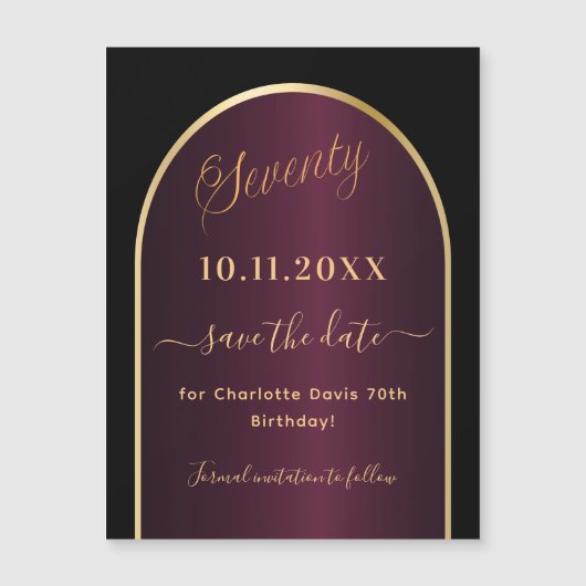Zwarte bordeaux 70e verjaardag Save the Date magne (Voorkant)