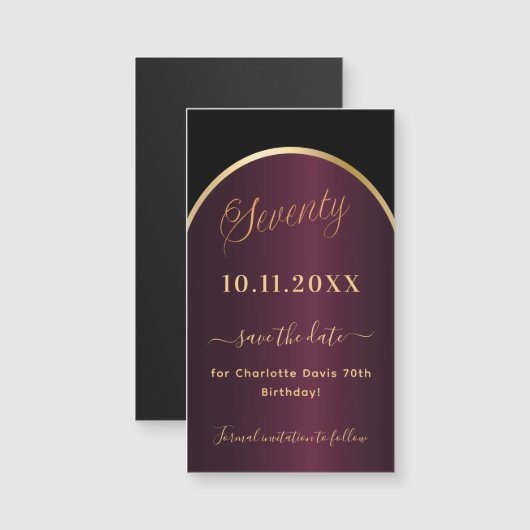 Zwarte bordeaux 70e verjaardag Save the Date magne (Voorkant / Achterkant)