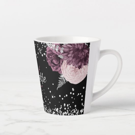 Zwarte bordeaux bloemen elegante monogram naam latte mok (Rechts)