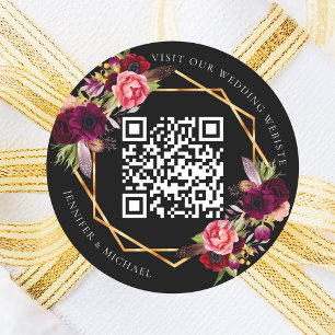 Zwarte bordeaux bloemen goud geometrische QR bruil Ronde Sticker