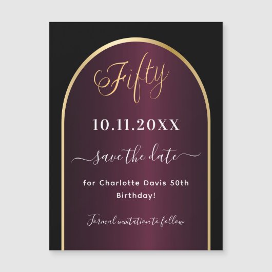Zwarte bordeauxrode 50e verjaardag Save the Date m (Voorkant)