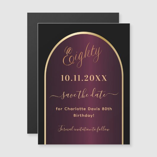 Zwarte bordeauxrode 80e verjaardag Save the Date m (Voorkant / Achterkant)