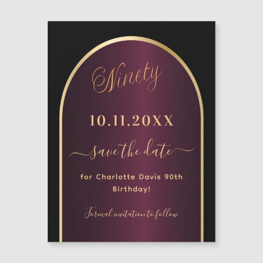 Zwarte bordeauxrode 90e verjaardag Save the Date m (Voorkant)