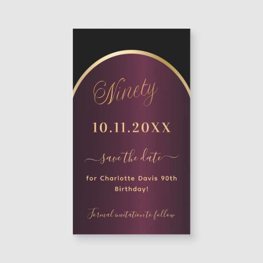 Zwarte bordeauxrode 90e verjaardag Save the Date m (Voorkant)