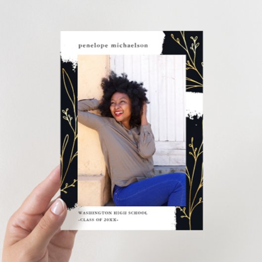 Zwarte borstel met Faux Gold Botanical Afstuderen Kaart