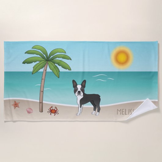 Zwarte Boston Terrier bij een tropische zomerstran Strandlaken (Voorkant)