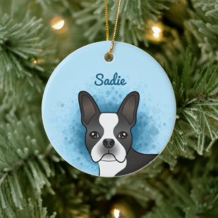 Zwarte Boston Terrier Cartoonhond op Blauw & Naam Keramisch Ornament