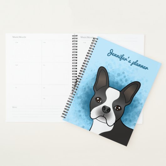 Zwarte Boston Terrier Cartoonhond op Blauwe Achter Planner (Display)