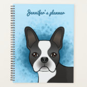 Zwarte Boston Terrier Cartoonhond op Blauwe Achter Planner (Voorkant)