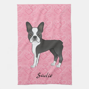 Zwarte Boston Terrier Hond op Roze Harten en Naam Theedoek