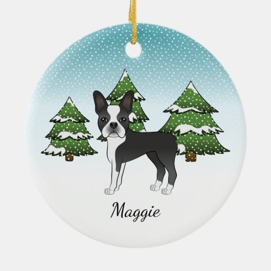 Zwarte Boston Terrier in een Winter Forest & Name Keramisch Ornament (Achterkant)