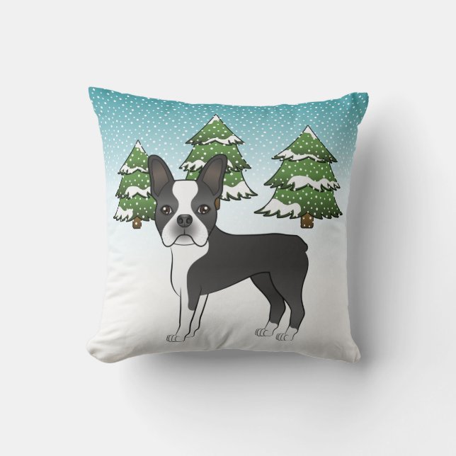 Zwarte Boston Terrier In Een Winterbos Kussen (Voorkant)