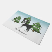 Zwarte Boston Terrier In Een Winterbos & Naam Deurmat (Schuin)