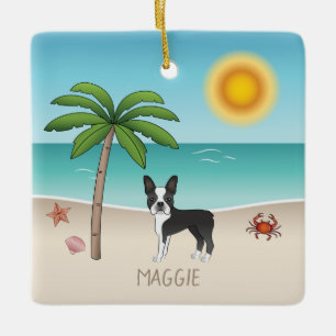 Zwarte Boston Terrier op een tropisch zomerstrand Keramisch Ornament
