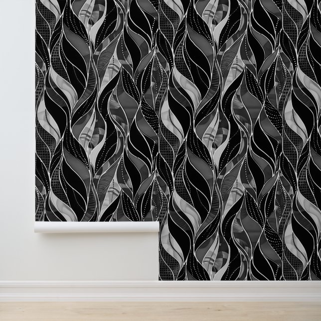 Zwarte Botanische Blad Decoratie in Stijl Behang (Applicatie)