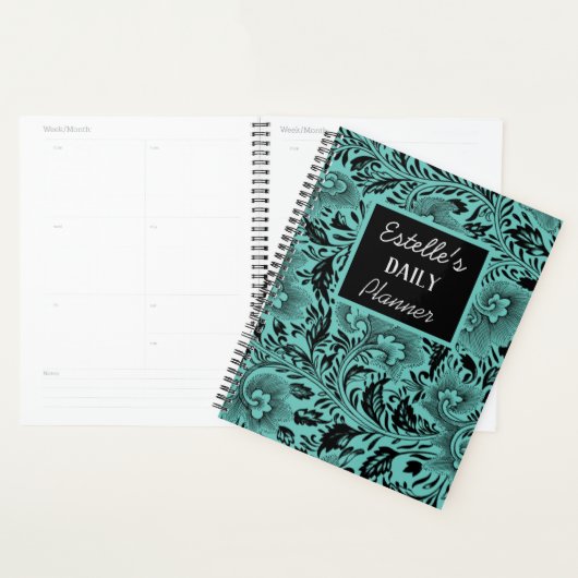 Zwarte Botanische Bloemen op Blauwe Planner (Display)
