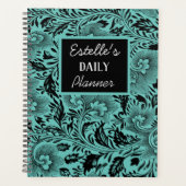 Zwarte Botanische Bloemen op Blauwe Planner (Voorkant)