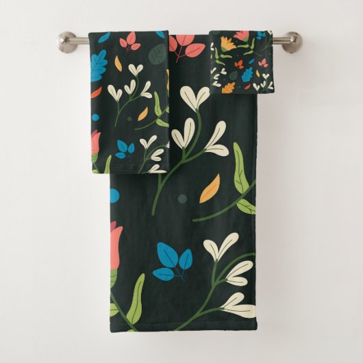 Zwarte botanische bloemenprint bad handdoek (Insitu)