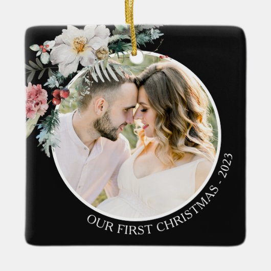 Zwarte Botanische Eerste Kerstmis Keramisch Ornament (Voorkant)