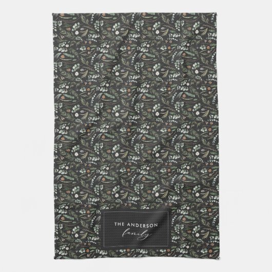 Zwarte botanische elegante moderne cadeaudecor theedoek (Verticaal)