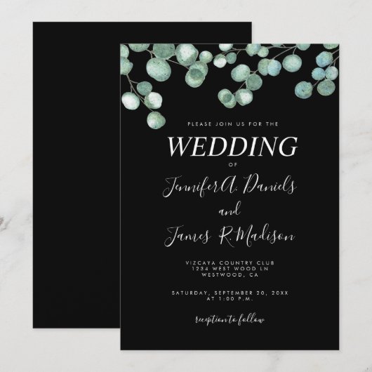 Zwarte botanische eucalyptus groen bruiloft kaart (Voorkant / Achterkant)