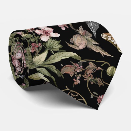 Zwarte botanische Floral Stropdas (Opgerold)