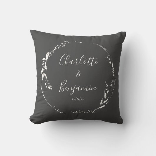 Zwarte Botanische Gepersonaliseerde Script Trouw N Kussen (Voorkant)