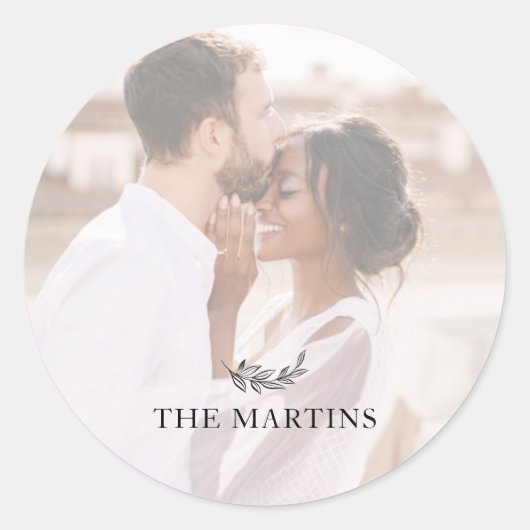 Zwarte Botanische Gepersonaliseerde Trouwfoto Ronde Sticker (Voorkant)
