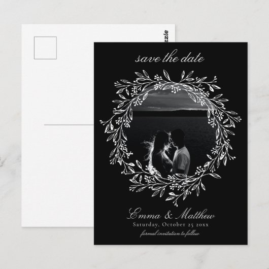 Zwarte Botanische Gotische krans Save the Date Fot Briefkaart (Voorkant / Achterkant)