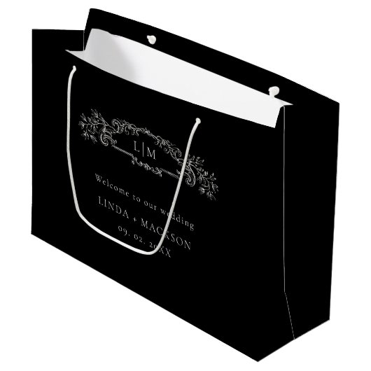 Zwarte botanische kam monogram bruiloft groot cadeauzakje (Voorkant Gekanteld)