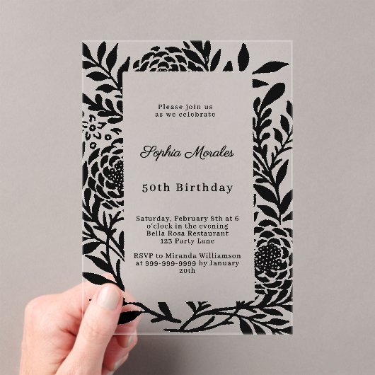 Zwarte botanische luxe heldere verjaardag acryl uitnodigingen (Insitu (Draagbaar))