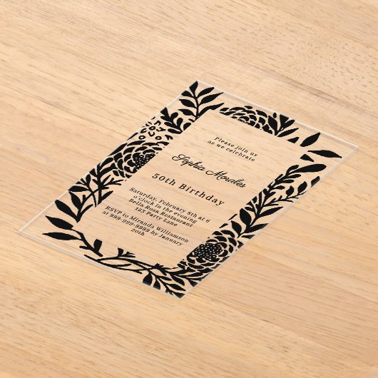 Zwarte botanische luxe heldere verjaardag acryl uitnodigingen (Laagn)