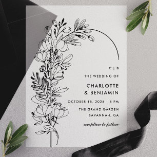 Zwarte Botanische Minimalistische Boog Bruiloft Vellum Uitnodigingen