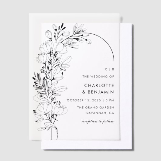 Zwarte botanische minimalistische boog bruiloft vellum uitnodigingen (Offset)