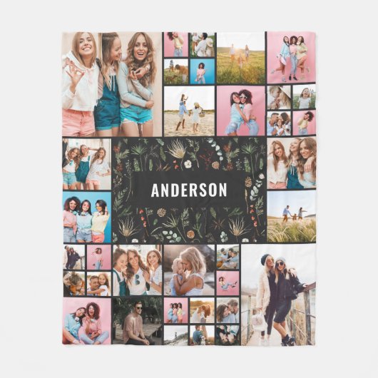 Zwarte botanische moderne, minimale pampas 34 foto fleece deken (Voorkant)