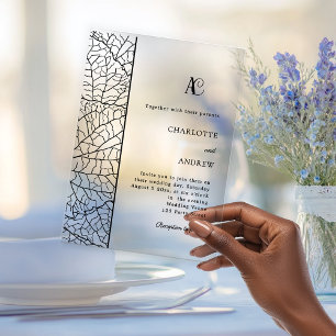 Zwarte botanische monogram heldere luxe trouw acryl uitnodigingen