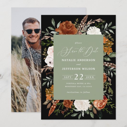 Zwarte botanische rustieke foto save the date (Voorkant / Achterkant)