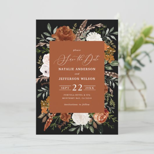 Zwarte botanische rustige foto, sla de datum op save the date (Staand voorkant)