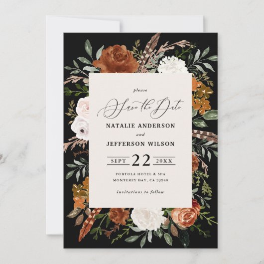 Zwarte botanische rustige fotobruiloft met behoud  save the date (Voorkant)