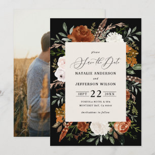 Zwarte botanische rustige fotobruiloft met behoud save the date