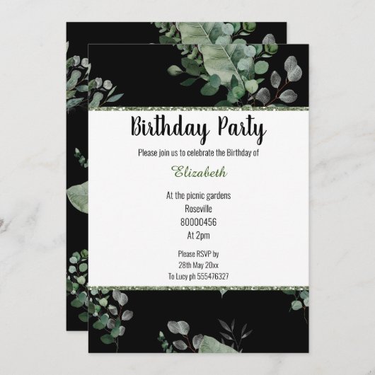 ZWARTE BOTANISCHE SPRING THEME BIRTHDAY INVITATIE KAART (Voorkant / Achterkant)