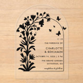 Zwarte Botanische Vlinder Gebogen Trouwring Acryl Uitnodigingen (Voorkant)