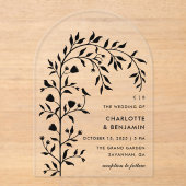 Zwarte Botanische Vogelboog Huwelijk Acryl Uitnodigingen (Voorkant)