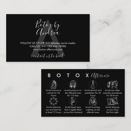 Zwarte Botox nazorginstructies Visitekaartje (Voorkant / Achterkant)