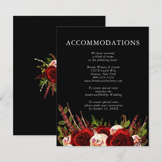 Zwarte Bourgogne Bloemen Boho Huwelijksaccommodati Informatiekaartje (Voorkant / Achterkant)