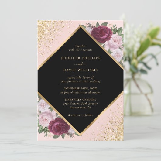 Zwarte Bourgogne Blush Goud Geometrische Bloemen H Kaart (Staand voorkant)